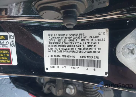 2011 Honda Civic Lx-S from USA, damaged, VIN 2HGFA1F61BH516490